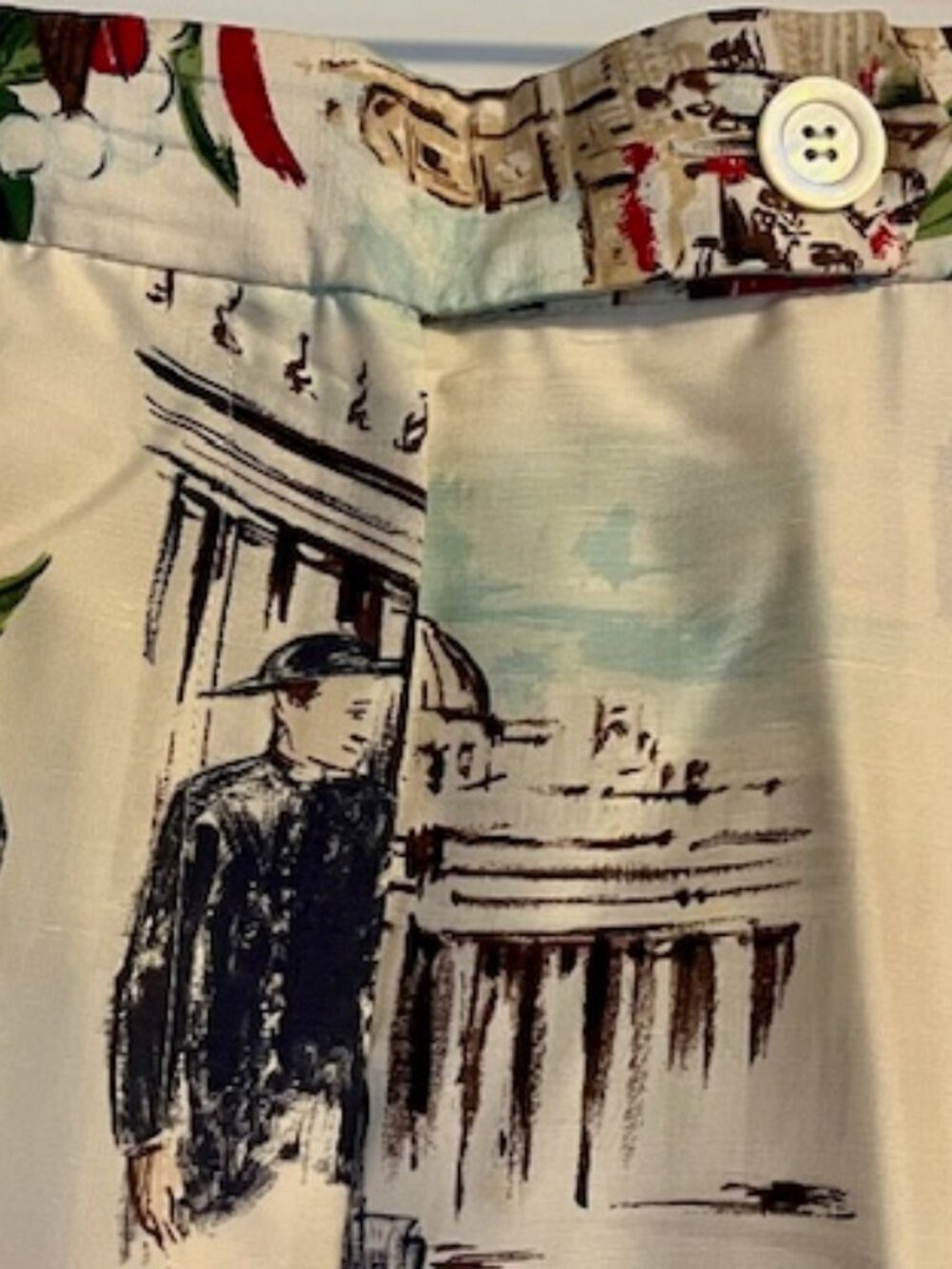 Moschino Couture Silk Wide Leg Pant with Vibrant Italian Scenes. Size 12. - Picture 4 of 5